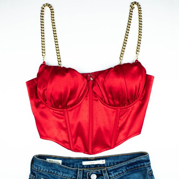 ELAMEF Tops - ELAMEF Red Satin Corset Crop Top
